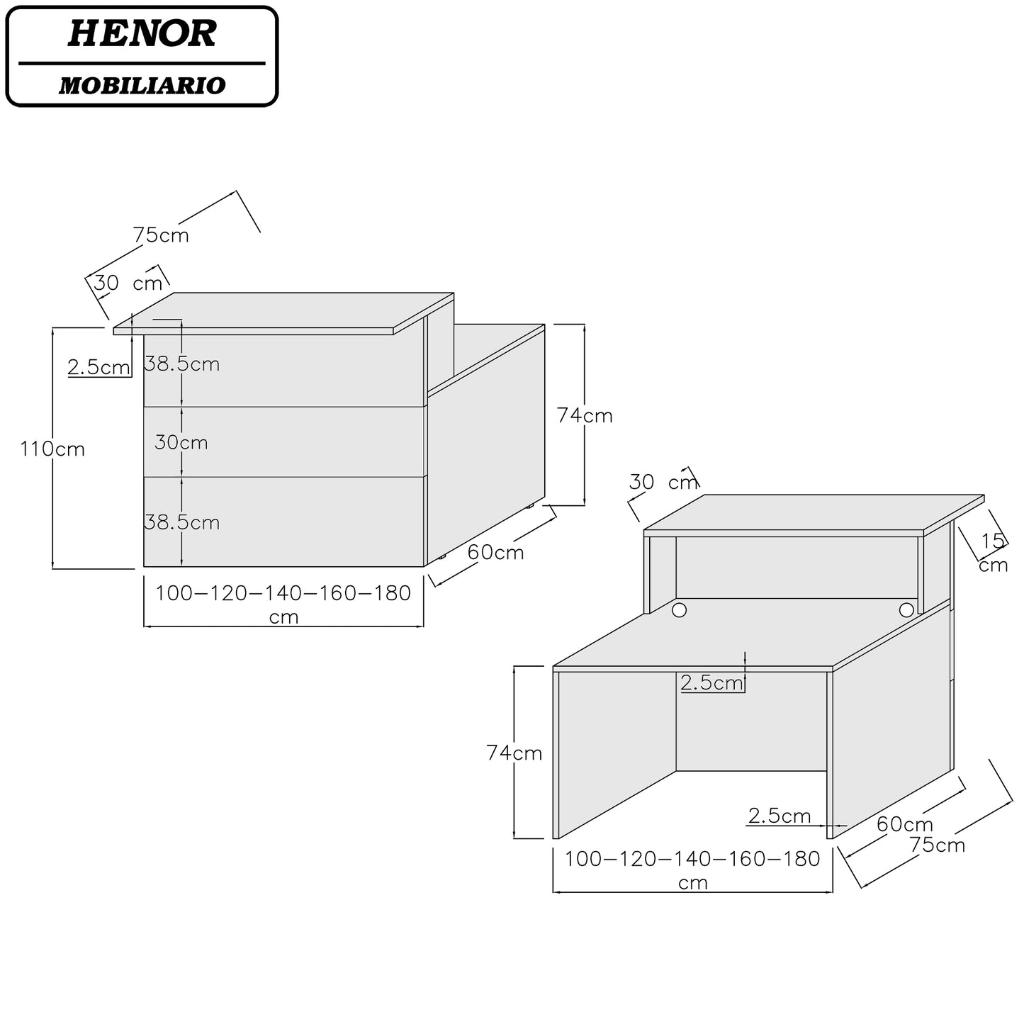 Cidacos Servicetheke. 100/140x60/75x110 cm. Mit Innentisch. Feuerfest Weiß.