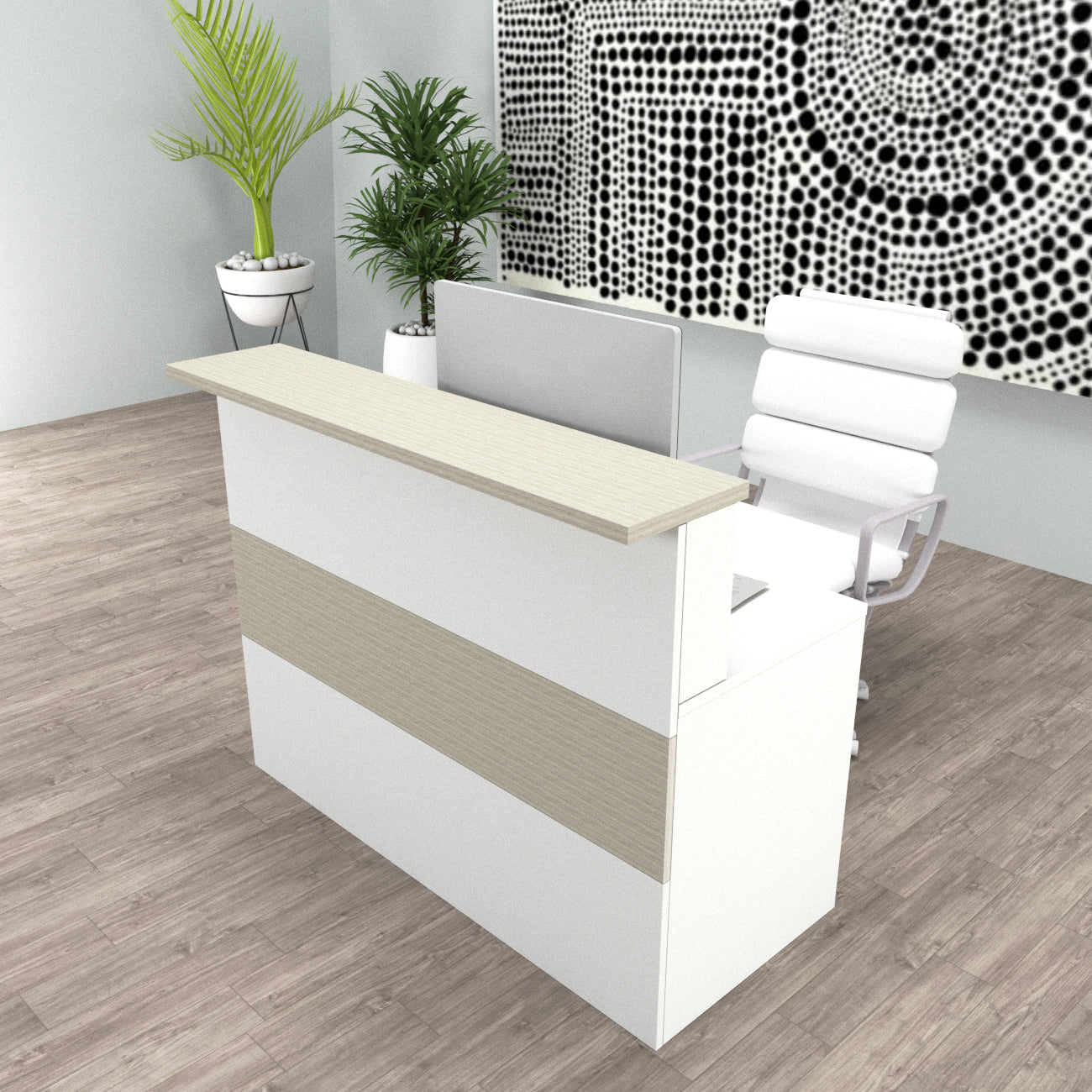Cidacos Kundenservice-Theke. 100/180x60/75x110 cm. Mit Innentisch. Weiß + Steleiche.