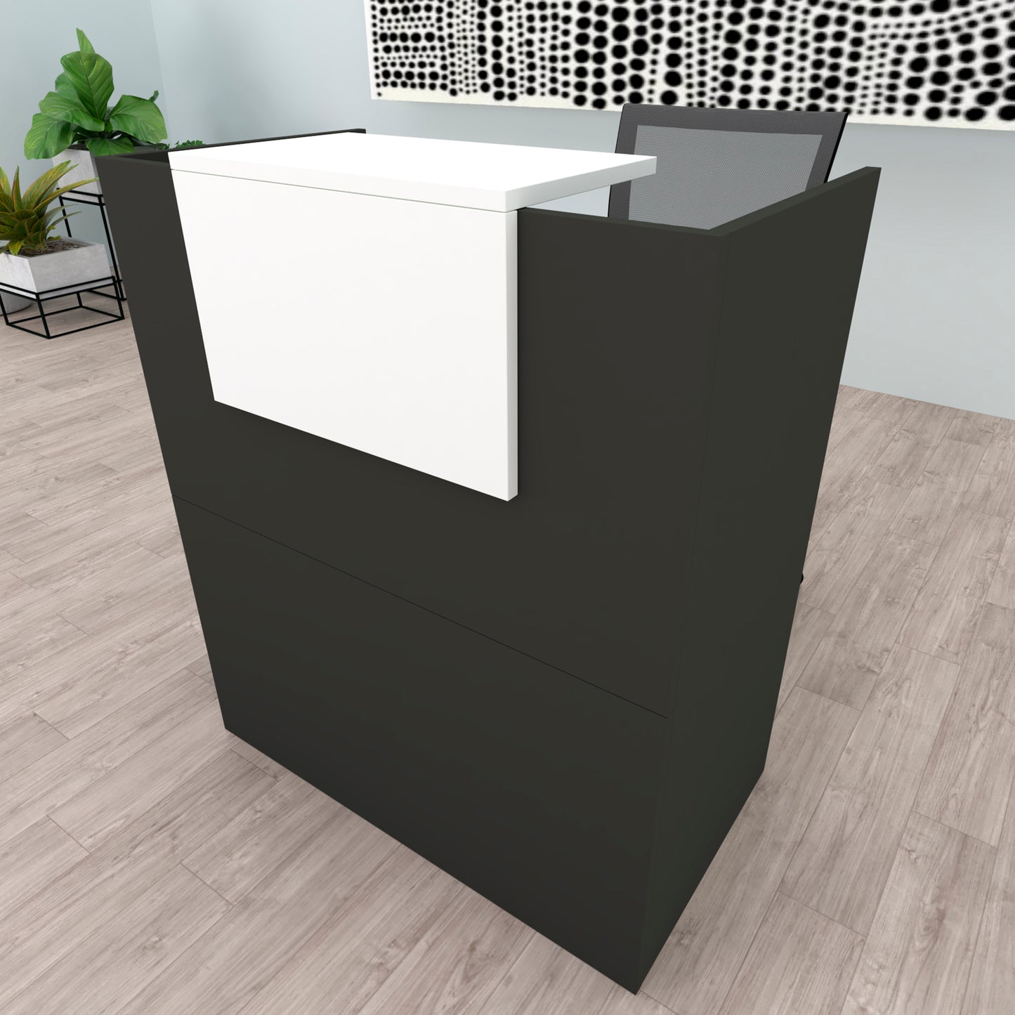 OJA Empfangstresen. 80/100 x 50 x 107 cm. Mit Innentisch. Graphit und Weiß.