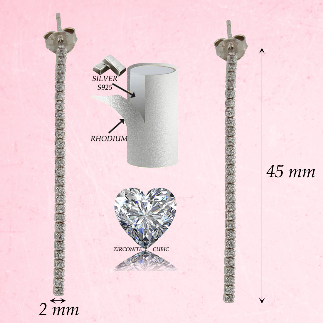 Pendientes Largos con Zirconita en Plata de Ley 925 baño en Rodio. PD2314066R - Henor