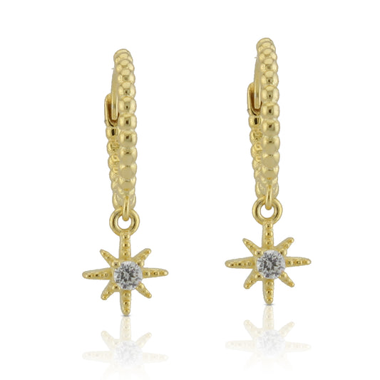 Pendientes Aro-criolla gallonada con motivo rosa de los vientos. Plata de Ley 925 Baño Oro 18K y circonita blanca. PD2315946O - Henor