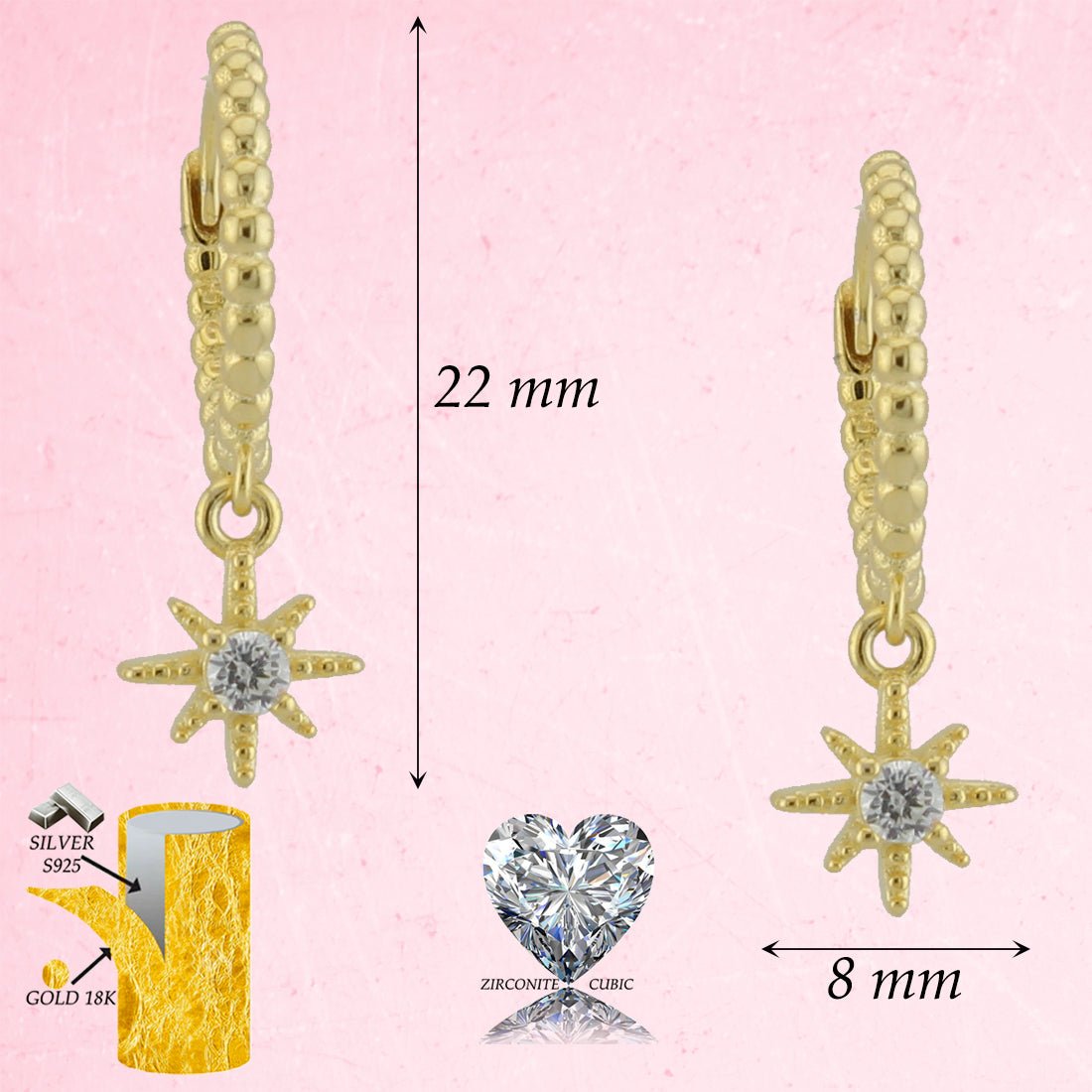 Pendientes Aro-criolla gallonada con motivo rosa de los vientos. Plata de Ley 925 Baño Oro 18K y circonita blanca. PD2315946O - Henor
