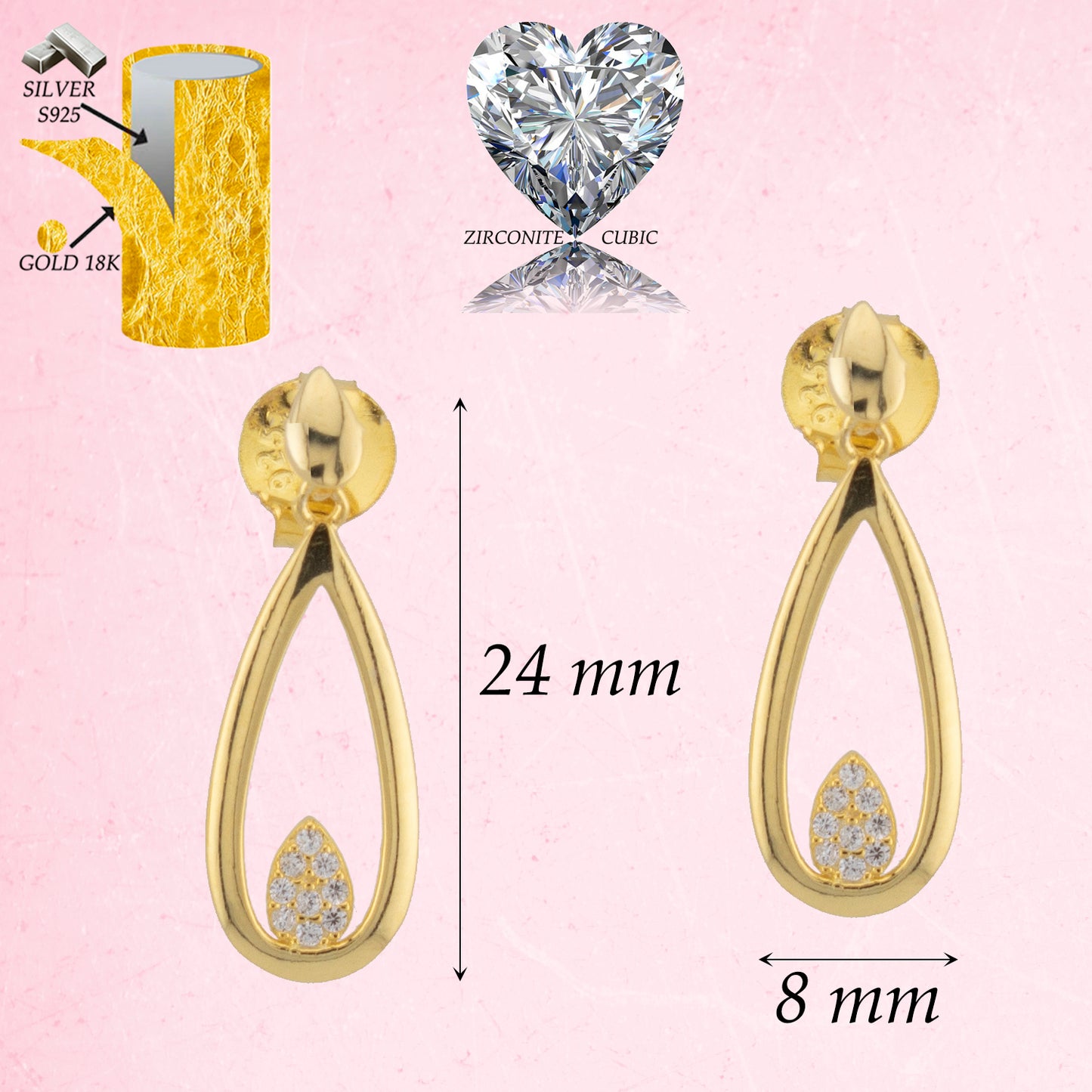 Pendientes dos cuerpos con forma de gota en Plata de Ley 925 bañado Oro 18K. PD2316144O - Henor