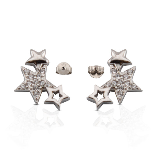 Pendientes Estrellas. Con Zirconita blanca en Plata de Ley acabado Rodio PD2316396R - Henor