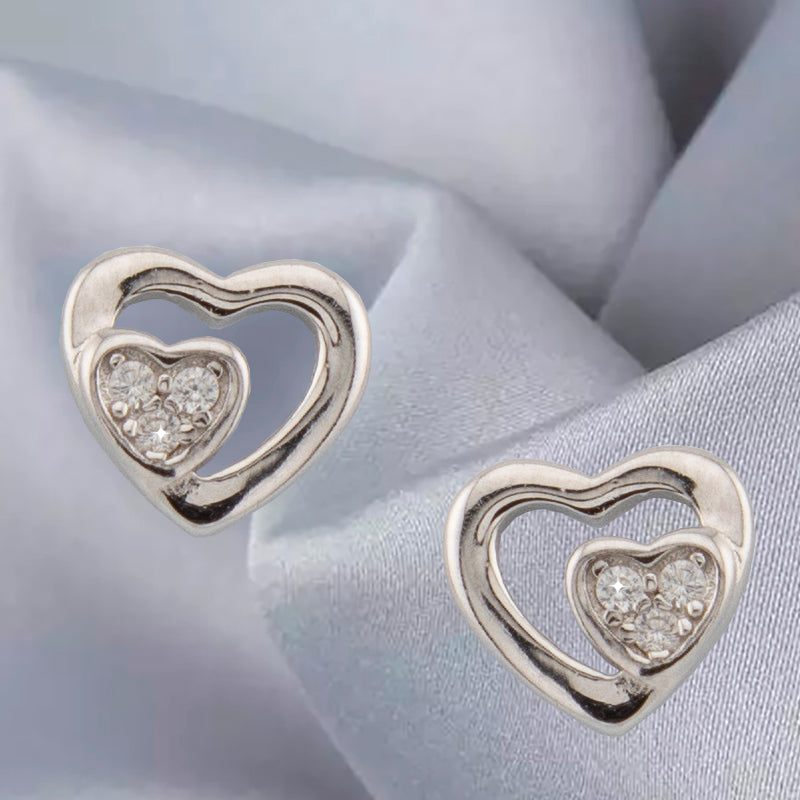 Pendientes doble corazón En fina Plata de Ley S925 con Baño Rodio y Zirconita PD2316473R - Henor