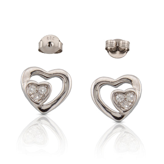 Pendientes doble corazón En fina Plata de Ley S925 con Baño Rodio y Zirconita PD2316473R - Henor