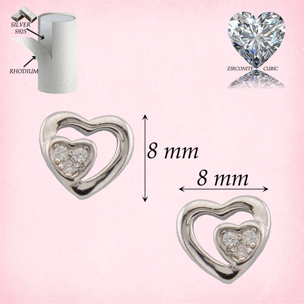 Pendientes doble corazón En fina Plata de Ley S925 con Baño Rodio y Zirconita PD2316473R - Henor