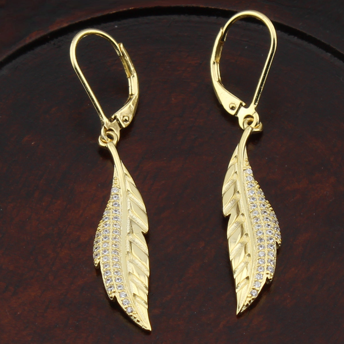 Pendientes dos cuerpos con forma de Hoja en Plata de Ley 925 con Baño de Oro 18K y Circonita. PD2316484O - Henor