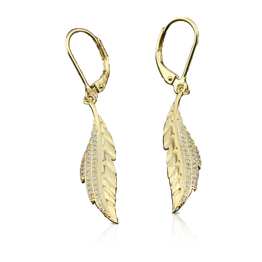 Pendientes dos cuerpos con forma de Hoja en Plata de Ley 925 con Baño de Oro 18K y Circonita. PD2316484O - Henor