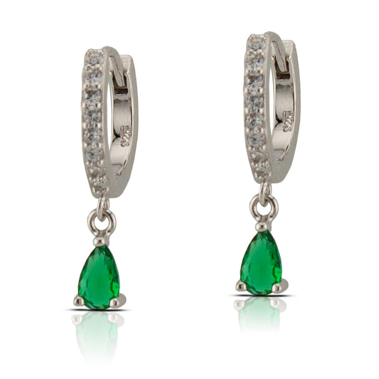 Par Pendientes Aro-Criolla con Zirconitas blancas y Esmeralda. engaste manual en forma de lágrima. Plata de Ley Baño Rodio. PD2316727R - Henor