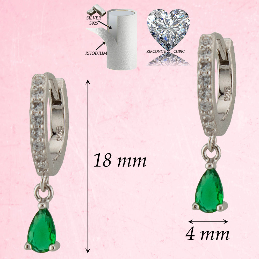 Par Pendientes Aro-Criolla con Zirconitas blancas y Esmeralda. engaste manual en forma de lágrima. Plata de Ley Baño Rodio. PD2316727R - Henor