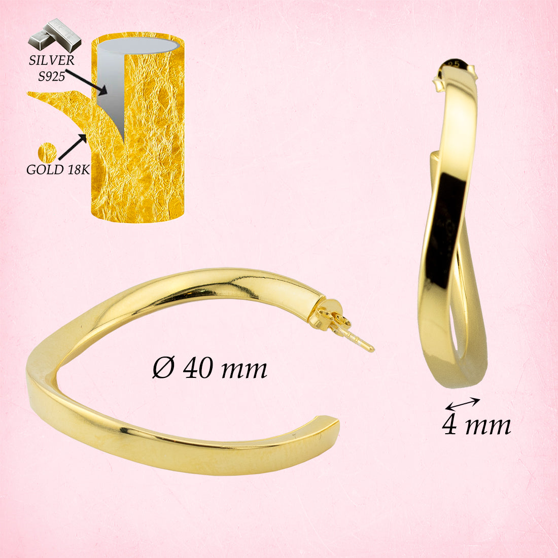 Pendientes Aro - Criolla en cuadrado 4mm en Plata de Ley S925 con baño Oro 18K PD2316826O - Henor