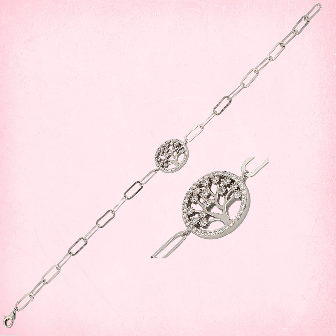 Pulsera en Plata de Ley S925 bañada en Rodio motivo Árbol de la vida con Zirconitas blancas. Cadena eslabón alargado. PS3136364R - Henor