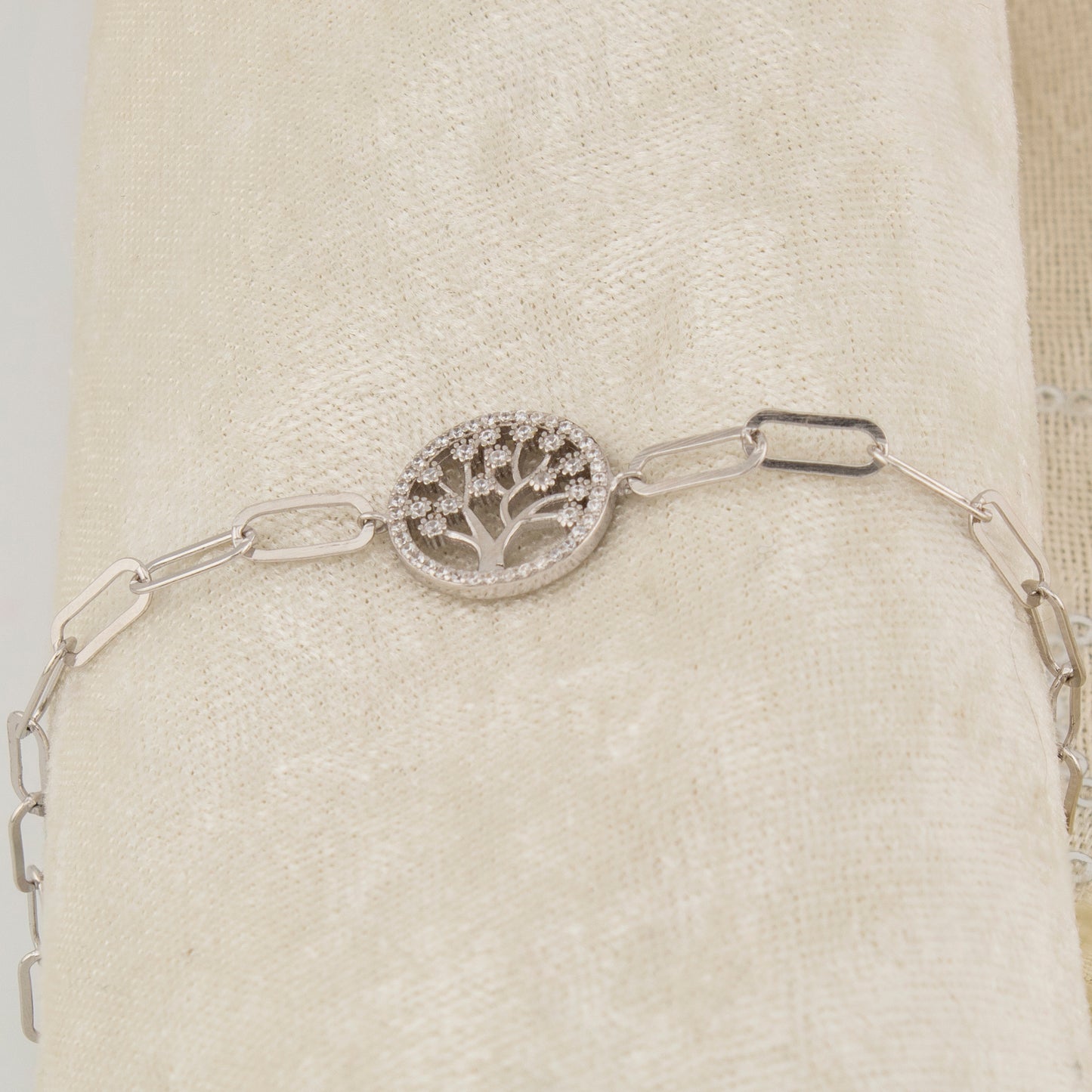Pulsera en Plata de Ley S925 bañada en Rodio motivo Árbol de la vida con Zirconitas blancas. Cadena eslabón alargado. PS3136364R - Henor