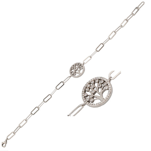 Pulsera en Plata de Ley S925 bañada en Rodio motivo Árbol de la vida con Zirconitas blancas. Cadena eslabón alargado. PS3136364R - Henor