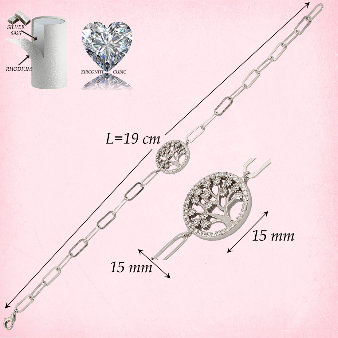 Pulsera en Plata de Ley S925 bañada en Rodio motivo Árbol de la vida con Zirconitas blancas. Cadena eslabón alargado. PS3136364R - Henor