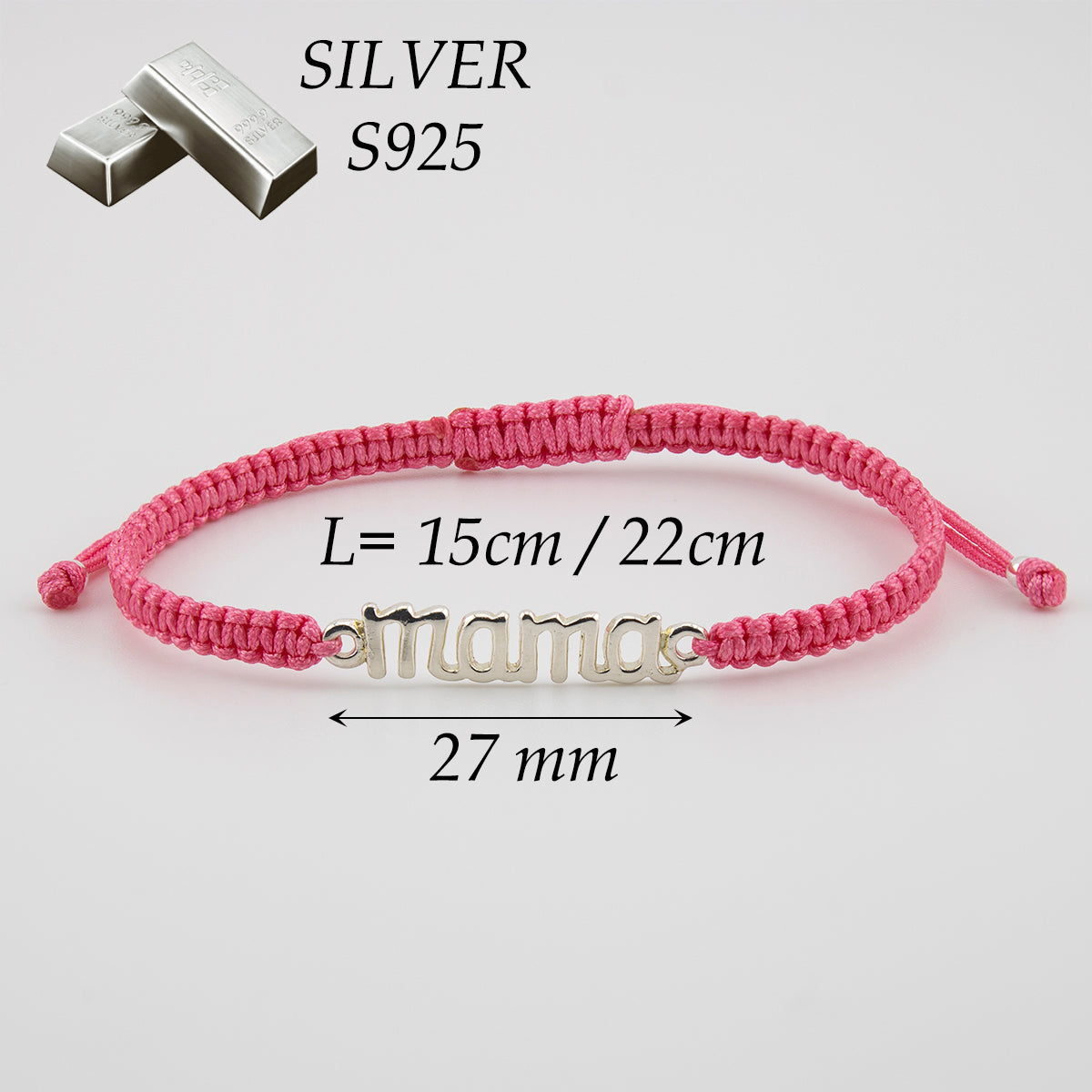 Bracciale Mama in Macramè Rosa. Argento sterling S925 Finitura naturale e lucidato a mano. PS3313670S