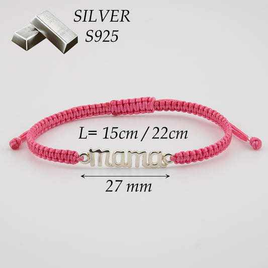 Mama-Armband aus rosa Makramee. S925-Sterlingsilber. Natürliches Finish und handpoliert. PS3313670S