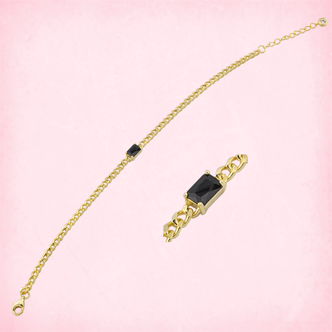 Pulsera cadena Barbada con piedra Zirconita Negra central en forma Baguet en plata de Ley S925 baño en Oro 18K. PS3315715O - Henor