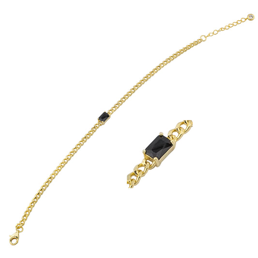 Pulsera cadena Barbada con piedra Zirconita Negra central en forma Baguet en plata de Ley S925 baño en Oro 18K. PS3315715O - Henor