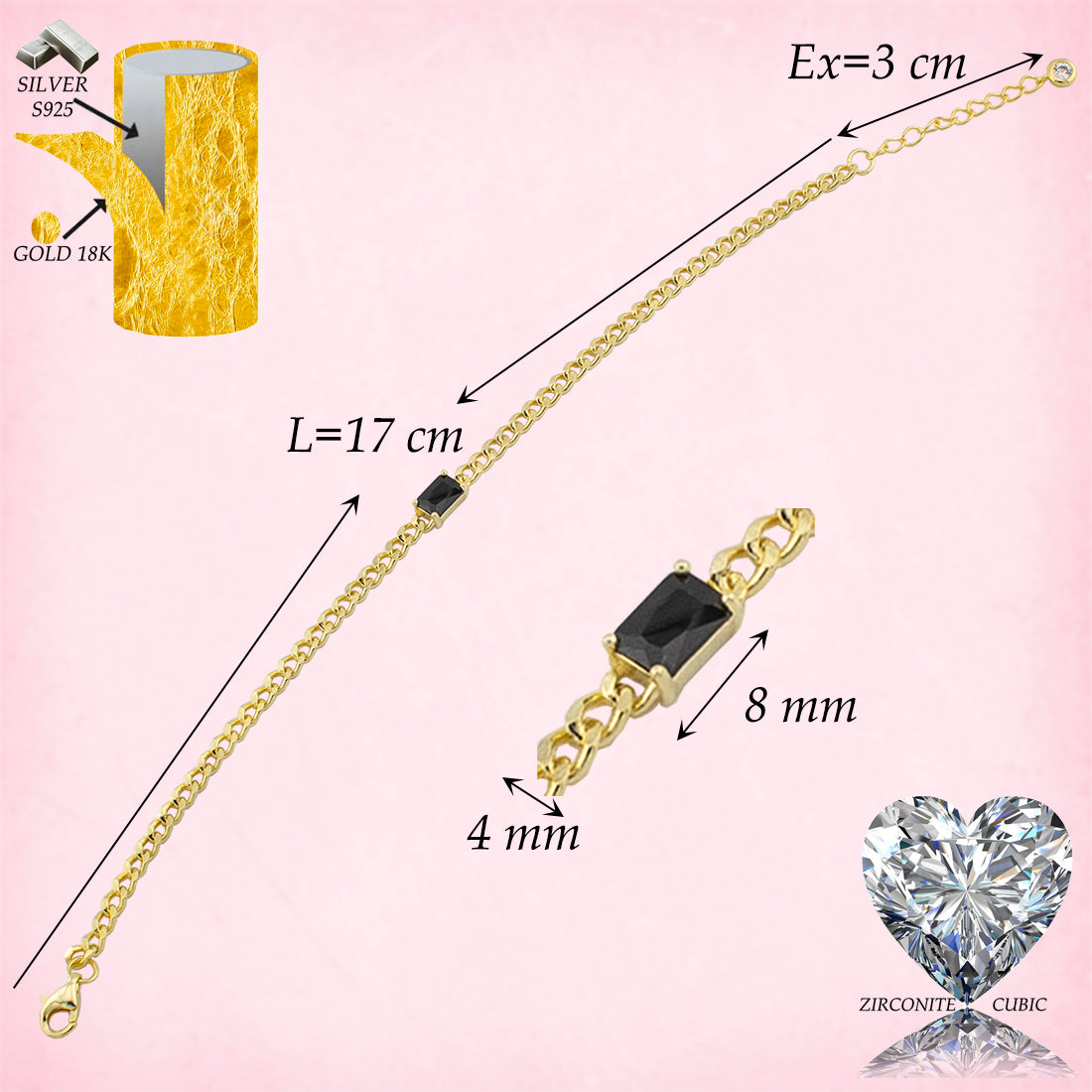 Pulsera cadena Barbada con piedra Zirconita Negra central en forma Baguet en plata de Ley S925 baño en Oro 18K. PS3315715O - Henor