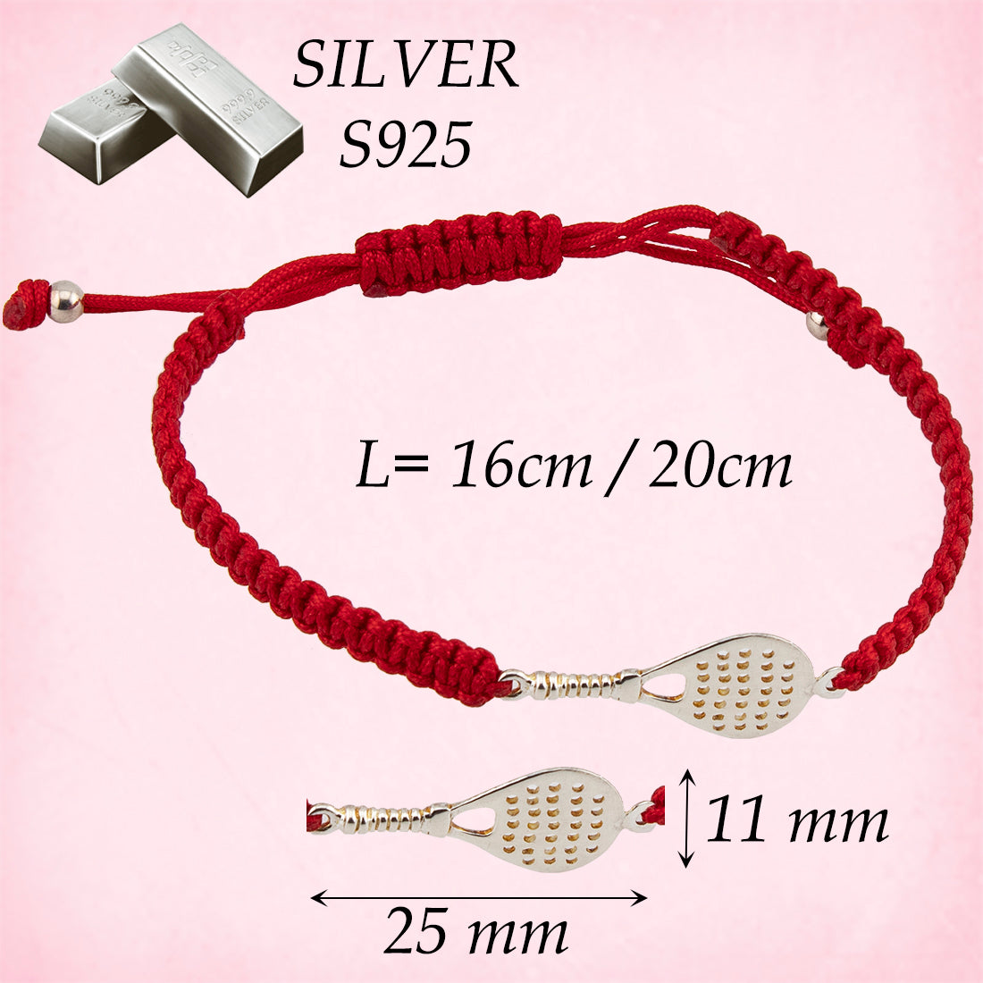 Bracciale Paddle in Macramè Rosso. Argento sterling S925 Finitura naturale e lucidato a mano. Chiusura ad anello PS3315870J