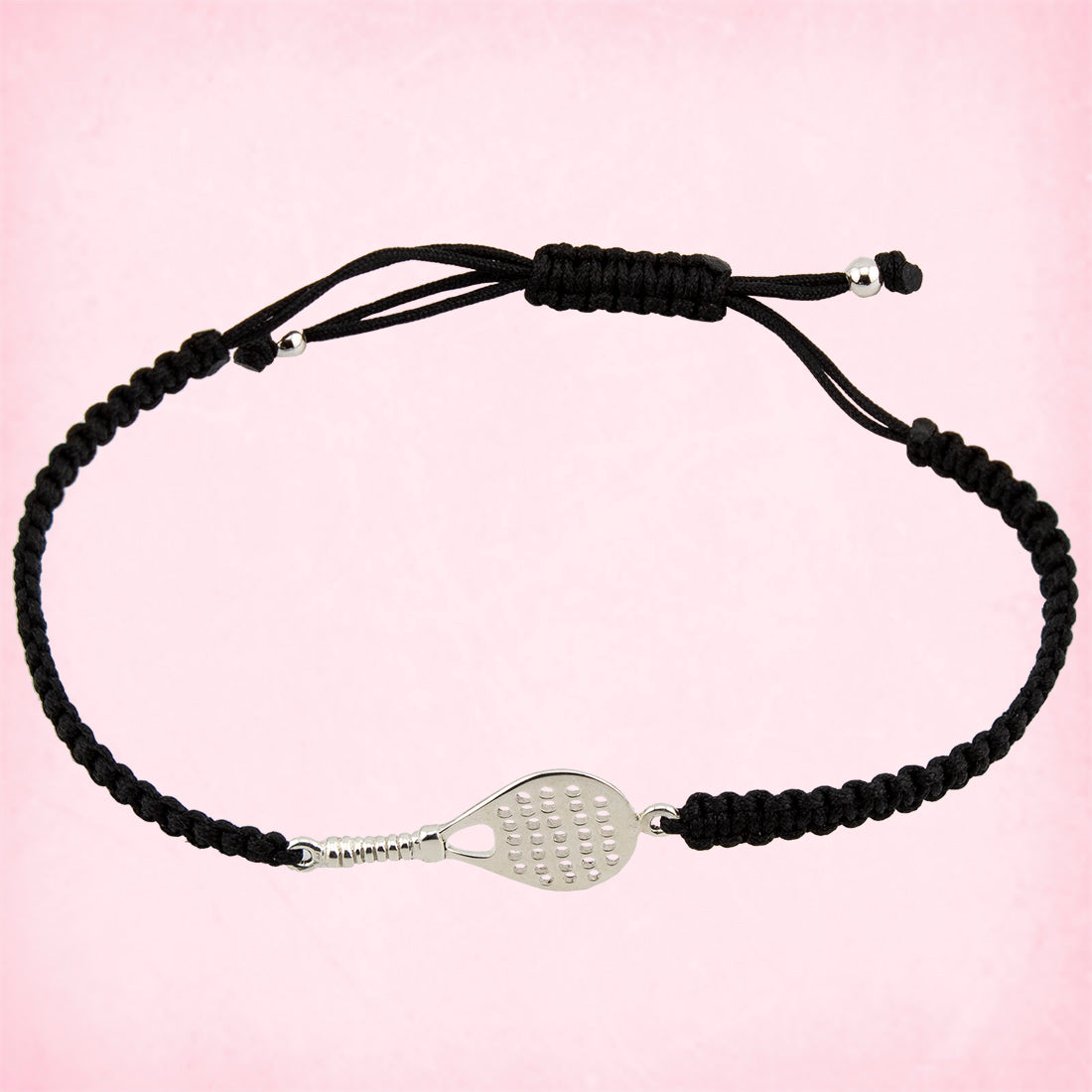 Pulsera Pádel en Macramé Negro. Plata de Ley S925 acabado Natural y pulida a mano. Cierre Lazo PS3315870N