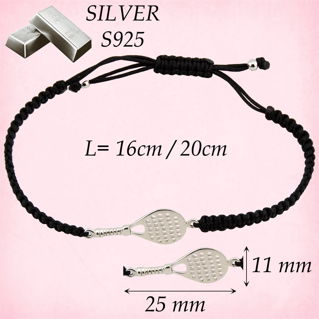 Pulsera Pádel en Macramé Negro. Plata de Ley S925 acabado Natural y pulida a mano. Cierre Lazo PS3315870N