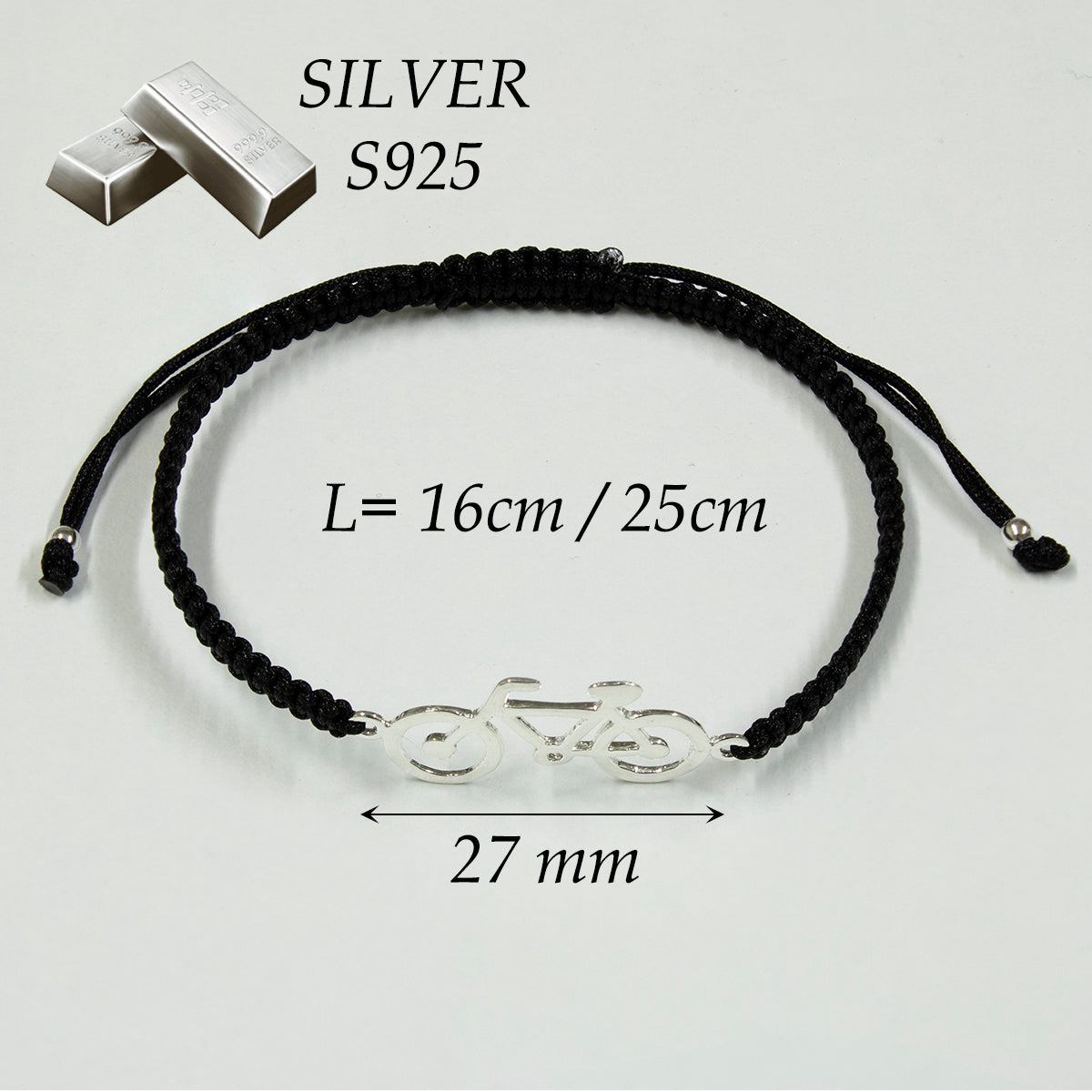 Paddelarmband aus schwarzem Makramee. S925-Sterlingsilber. Natürliches Finish und handpoliert. Schlaufenverschluss PS3315870N