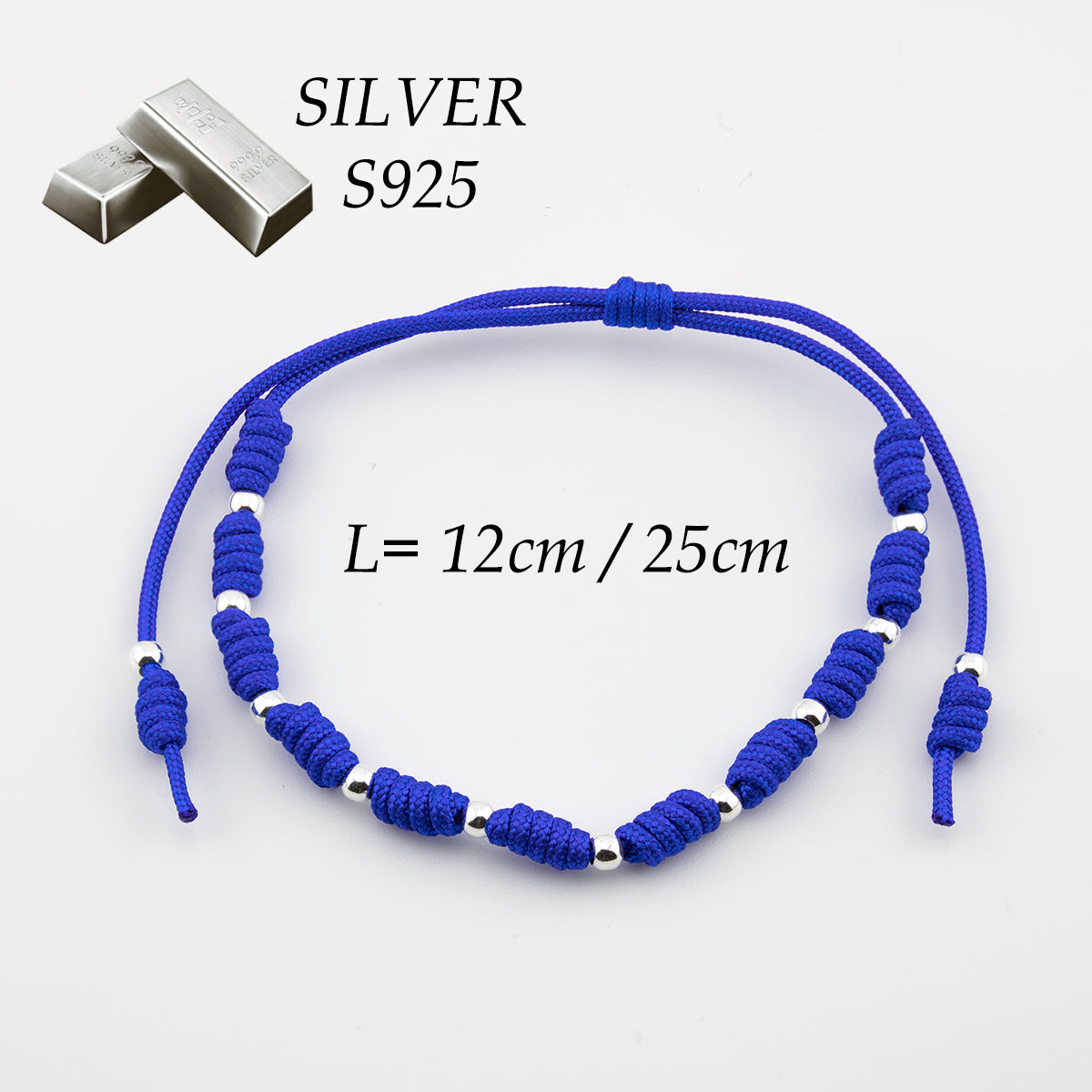 Pulsera Bolas en Macramé Azul. Plata de Ley S925 acabado Natural y pulida a mano. PS3316322Z