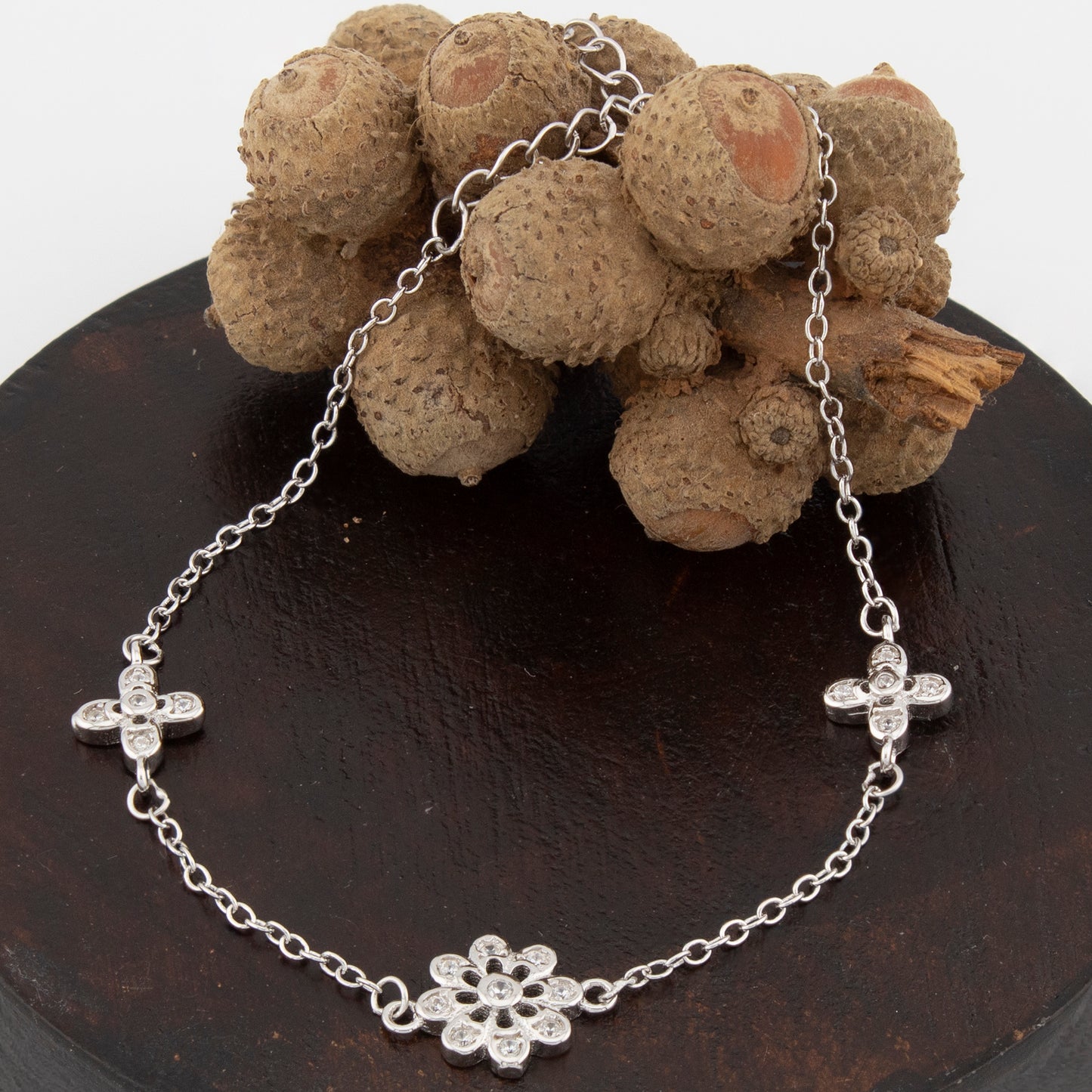 Pulsera tres motivos forma roseta en Plata de Ley bañada en Rodio y Zirconitas PS3316395R - Henor