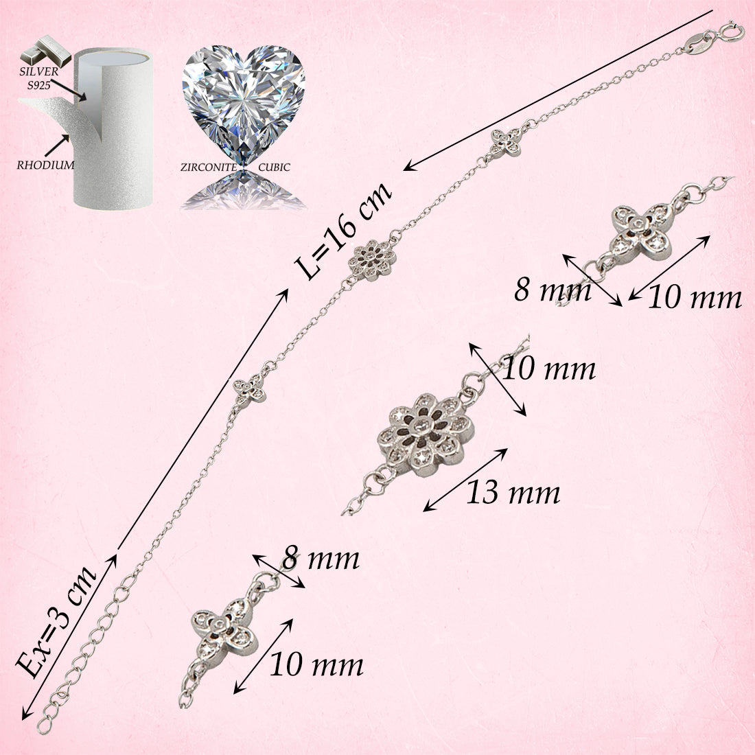 Pulsera tres motivos forma roseta en Plata de Ley bañada en Rodio y Zirconitas PS3316395R - Henor
