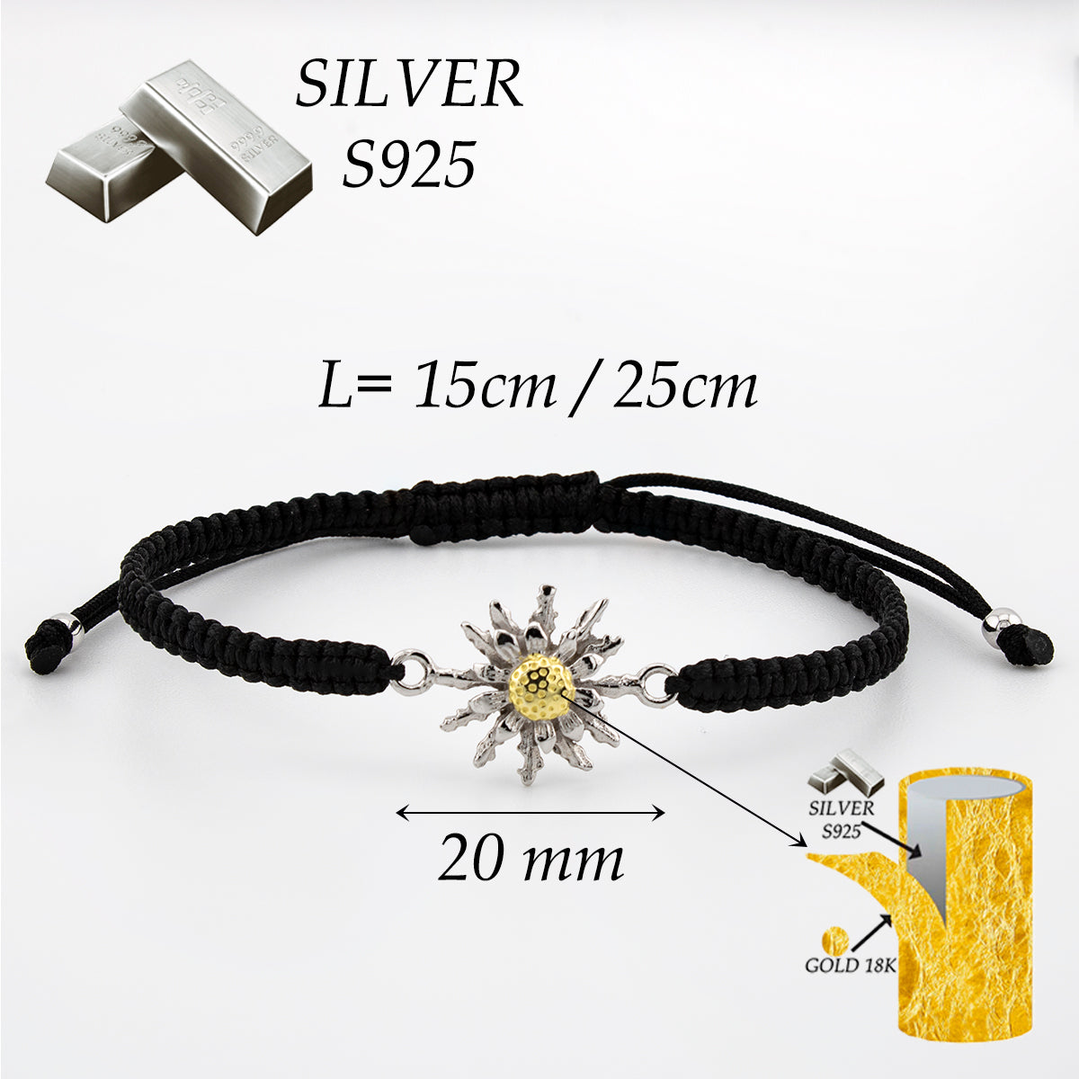 Pulsera Talismán en Macramé Negro. Plata de Ley S925 acabado Natural Y baño en Oro 18K. pulida a mano. PS3316405N