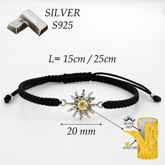 Talisman-Armband aus schwarzem Makramee. S925-Sterlingsilber, natürliches Finish und 18-karätige Vergoldung. handpoliert. PS3316405N