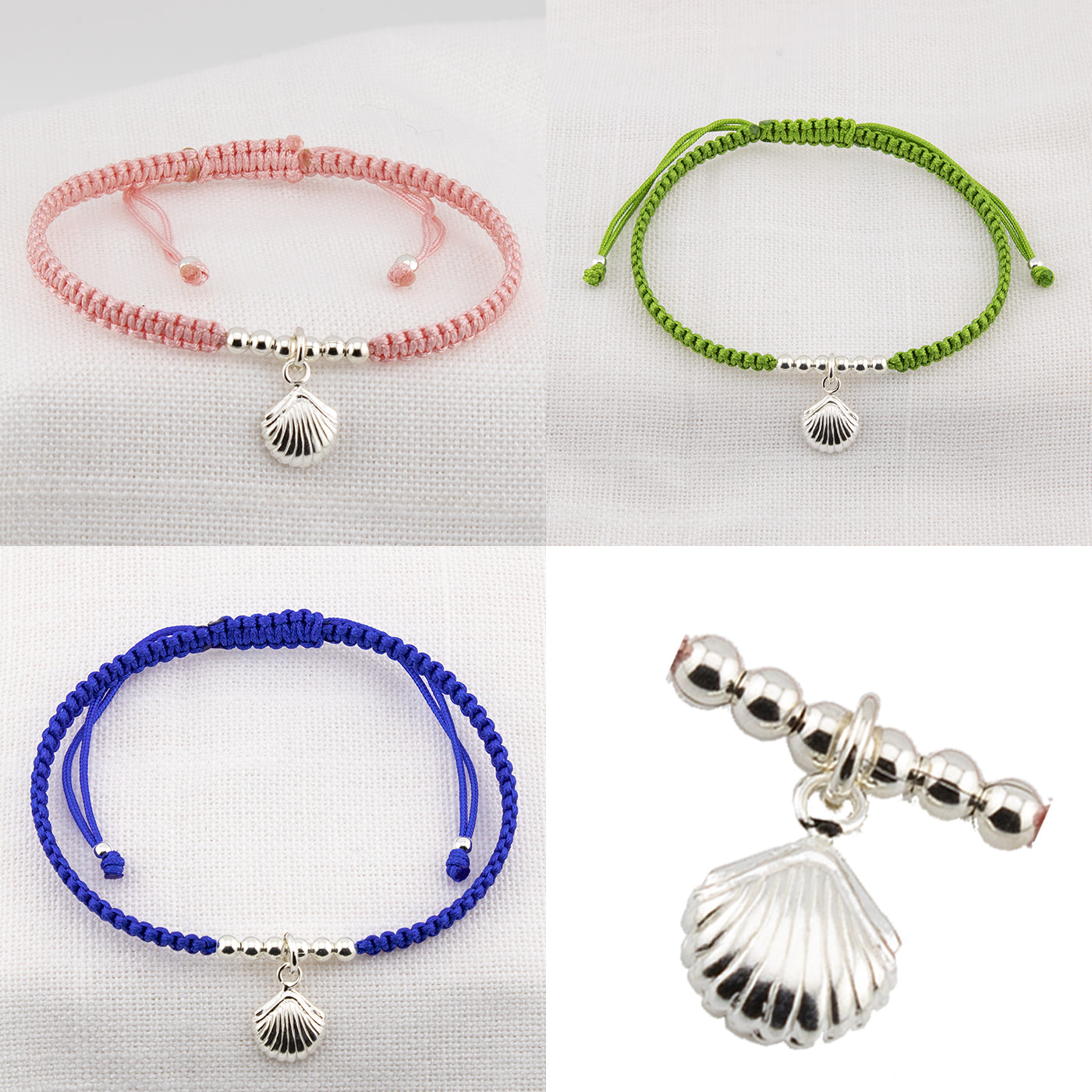 Pulsera Concha en Macramé Rosa. Plata de Ley S925 acabado Natural y pulida a mano. PS3316605S