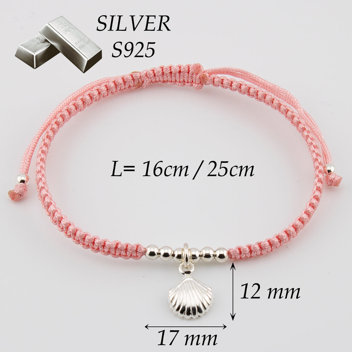 Pulsera Concha en Macramé Rosa. Plata de Ley S925 acabado Natural y pulida a mano. PS3316605S