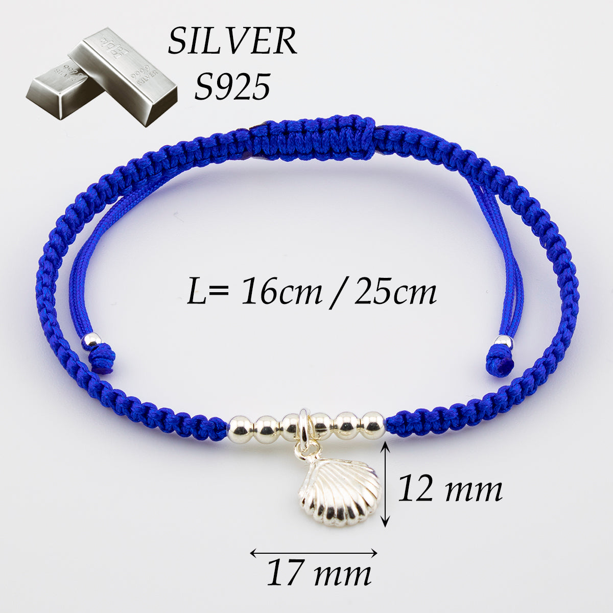 Muschelarmband aus blauem Makramee. S925-Sterlingsilber. Natürliches Finish und handpoliert. PS3316605Z