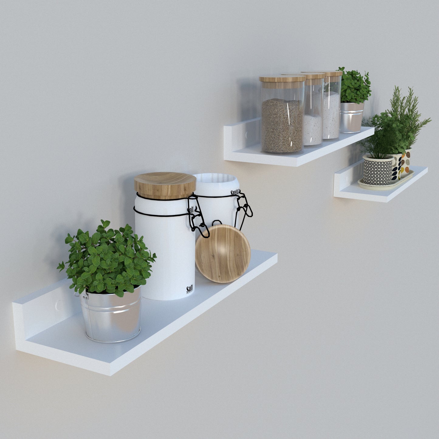 Conjunto 3 Estante Pared "L" 35-55-65-85 x 17 x 7.5 cm. - Henor