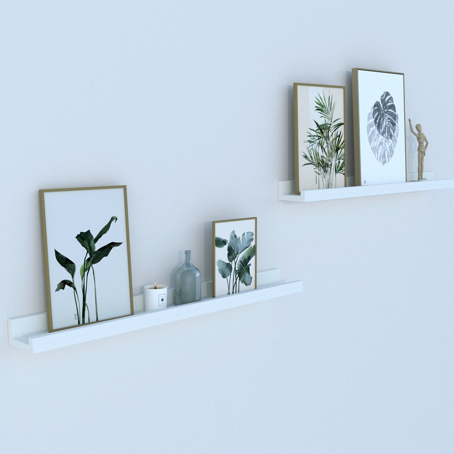 Pack de 2 Estantes flotantes de madera con borde frontal y Herraje oculto, para exhibición de cuadros, libros, cocina, baño, Blanco - Henor Mobiliario