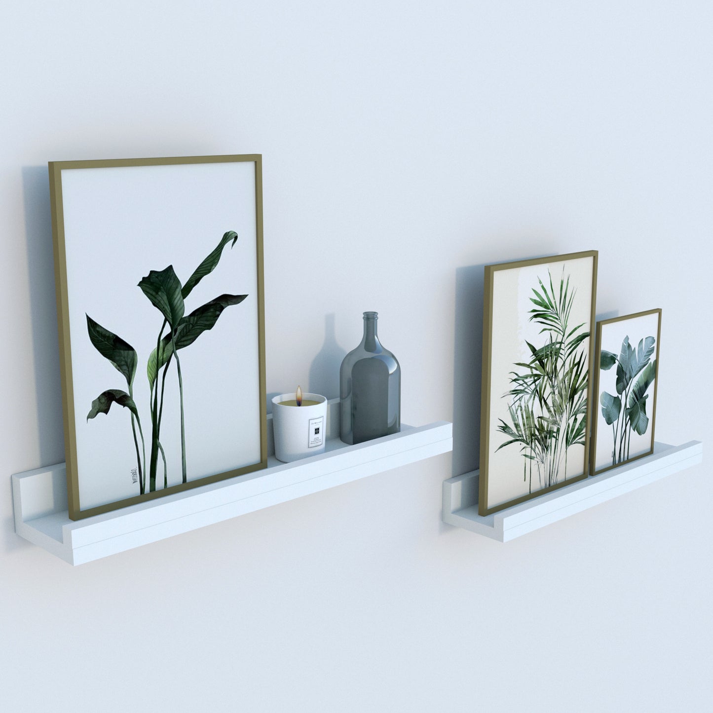 Pack de 2 Estantes flotantes de madera con borde frontal y Herraje oculto, para exhibición de cuadros, libros, cocina, baño, Blanco - Henor Mobiliario