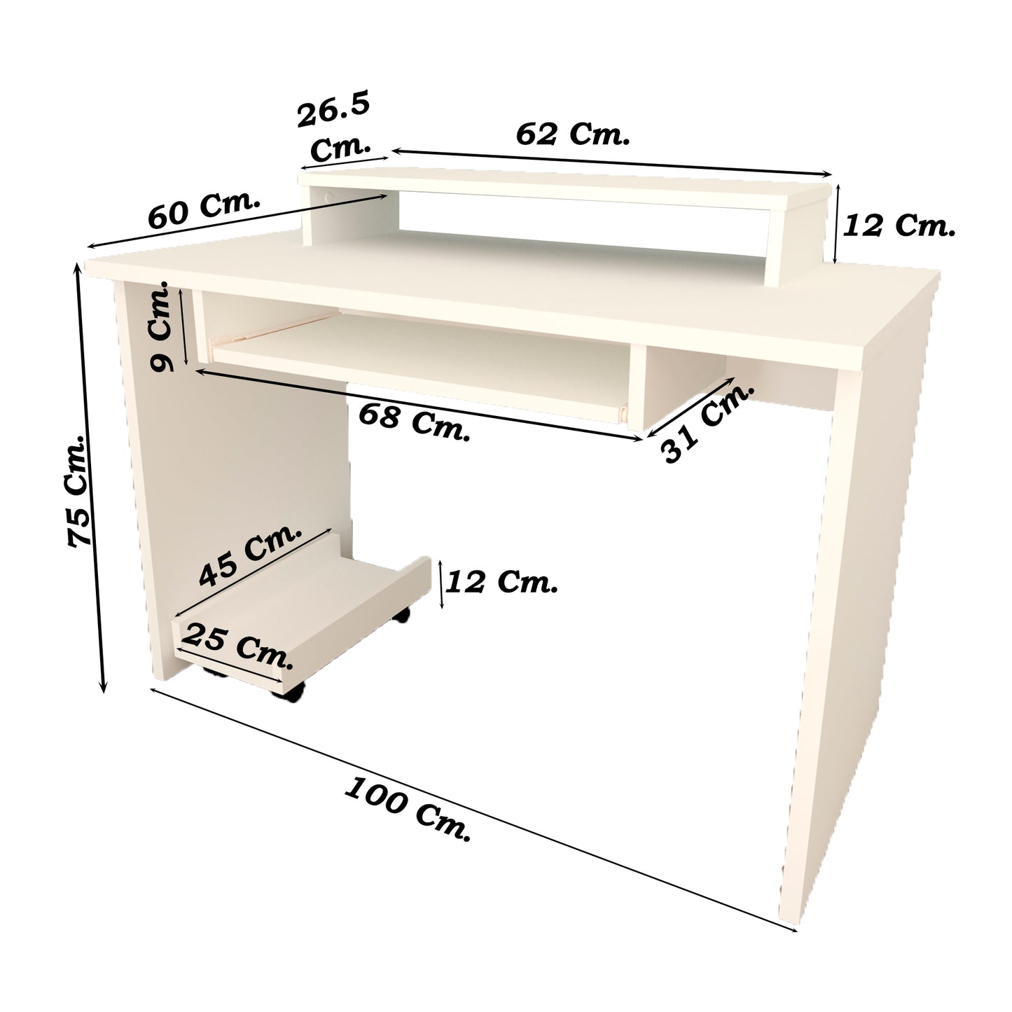 Escritorio Oficina. 100-115 Cm. Mesa + Elevador Tv - Monitor + Portateclado + Soporte CPU Ruedas. Mesa Gaming Blanco. - Henor Mobiliario
