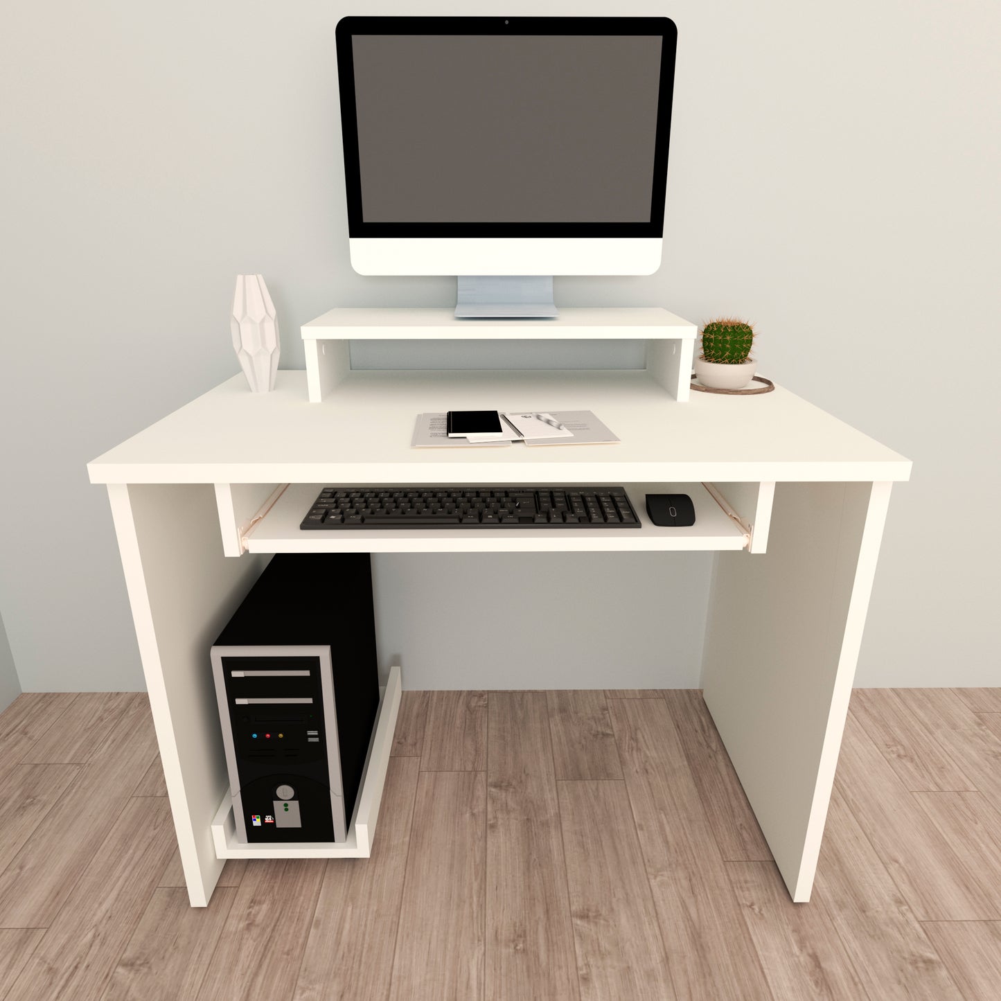 Escritorio Oficina. 100-115 Cm. Mesa + Elevador Tv - Monitor + Portateclado + Soporte CPU Ruedas. Mesa Gaming Blanco. - Henor Mobiliario