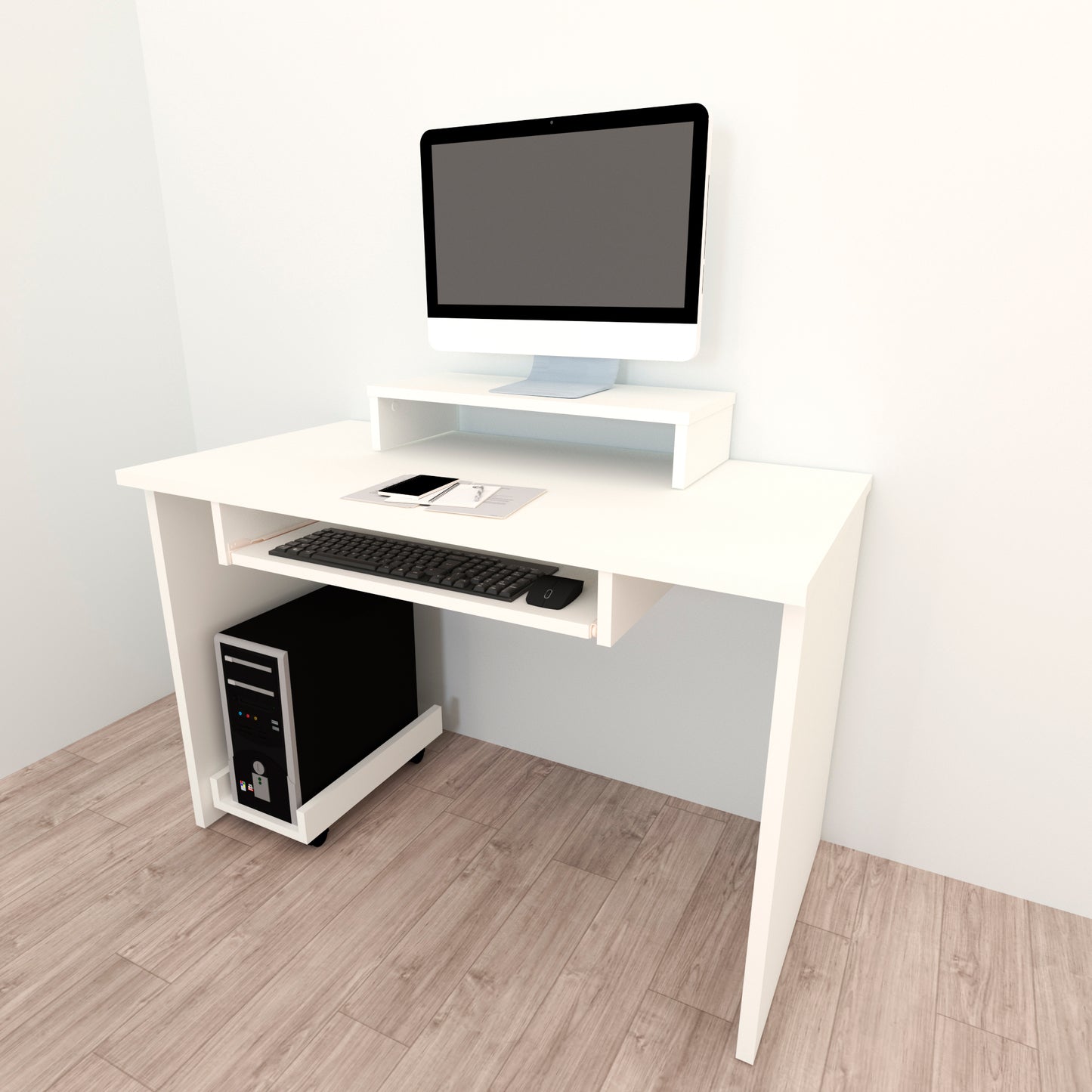 Escritorio Oficina. 100-115 Cm. Mesa + Elevador Tv - Monitor + Portateclado + Soporte CPU Ruedas. Mesa Gaming Blanco. - Henor Mobiliario
