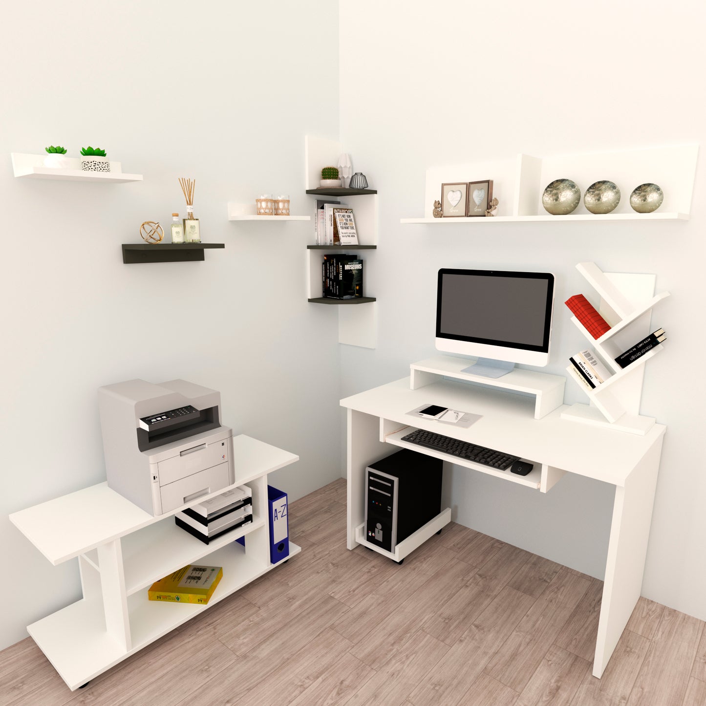 Escritorio Oficina. 100-115 Cm. Mesa + Elevador Tv - Monitor + Portateclado + Soporte CPU Ruedas. Mesa Gaming Blanco. - Henor Mobiliario