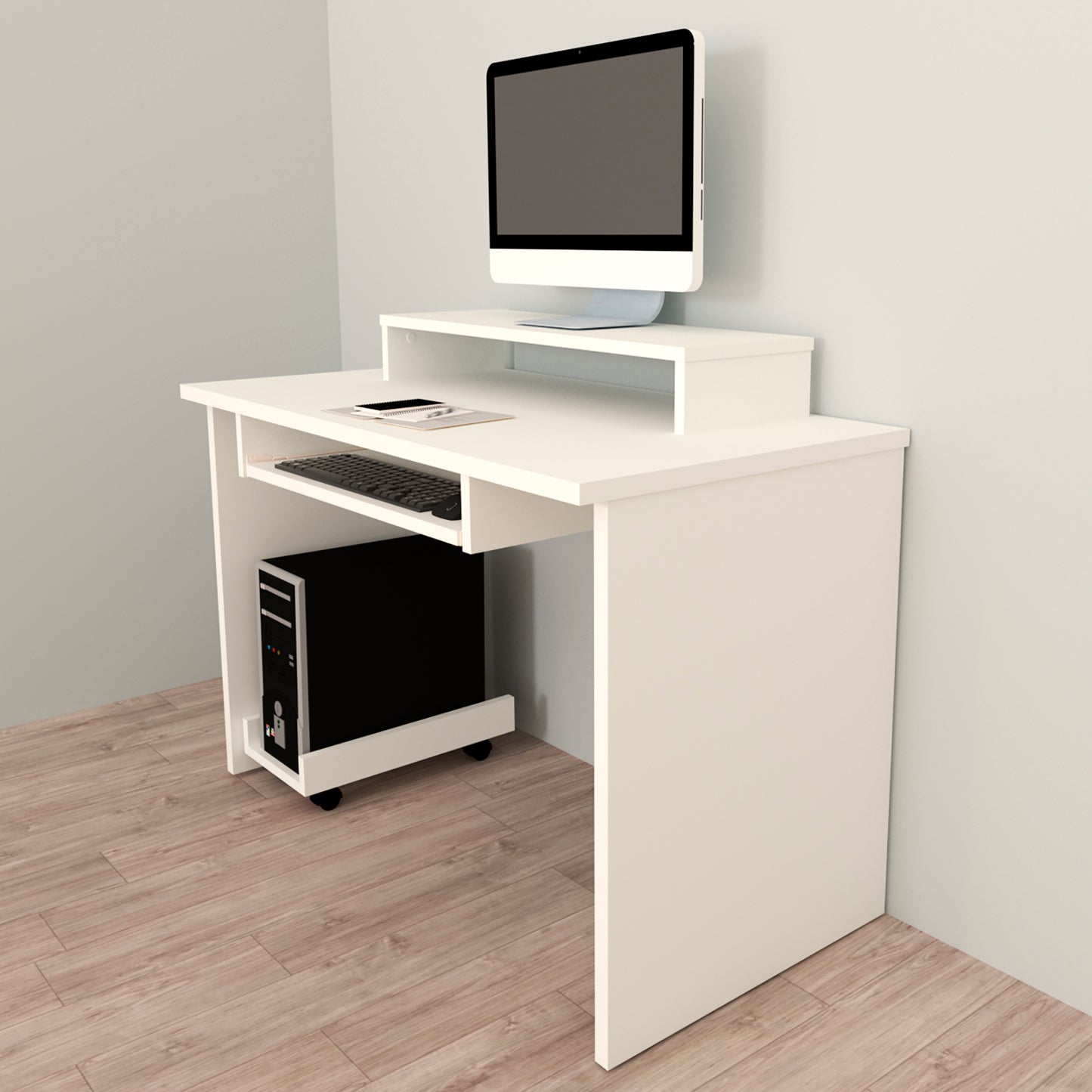 Escritorio Oficina. 100-115 Cm. Mesa + Elevador Tv - Monitor + Portateclado + Soporte CPU Ruedas. Mesa Gaming Blanco. - Henor Mobiliario