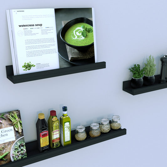 Estante flotante de madera con borde frontal y Herraje oculto, para exhibición de cuadros, libros. - Henor  Mobiliario