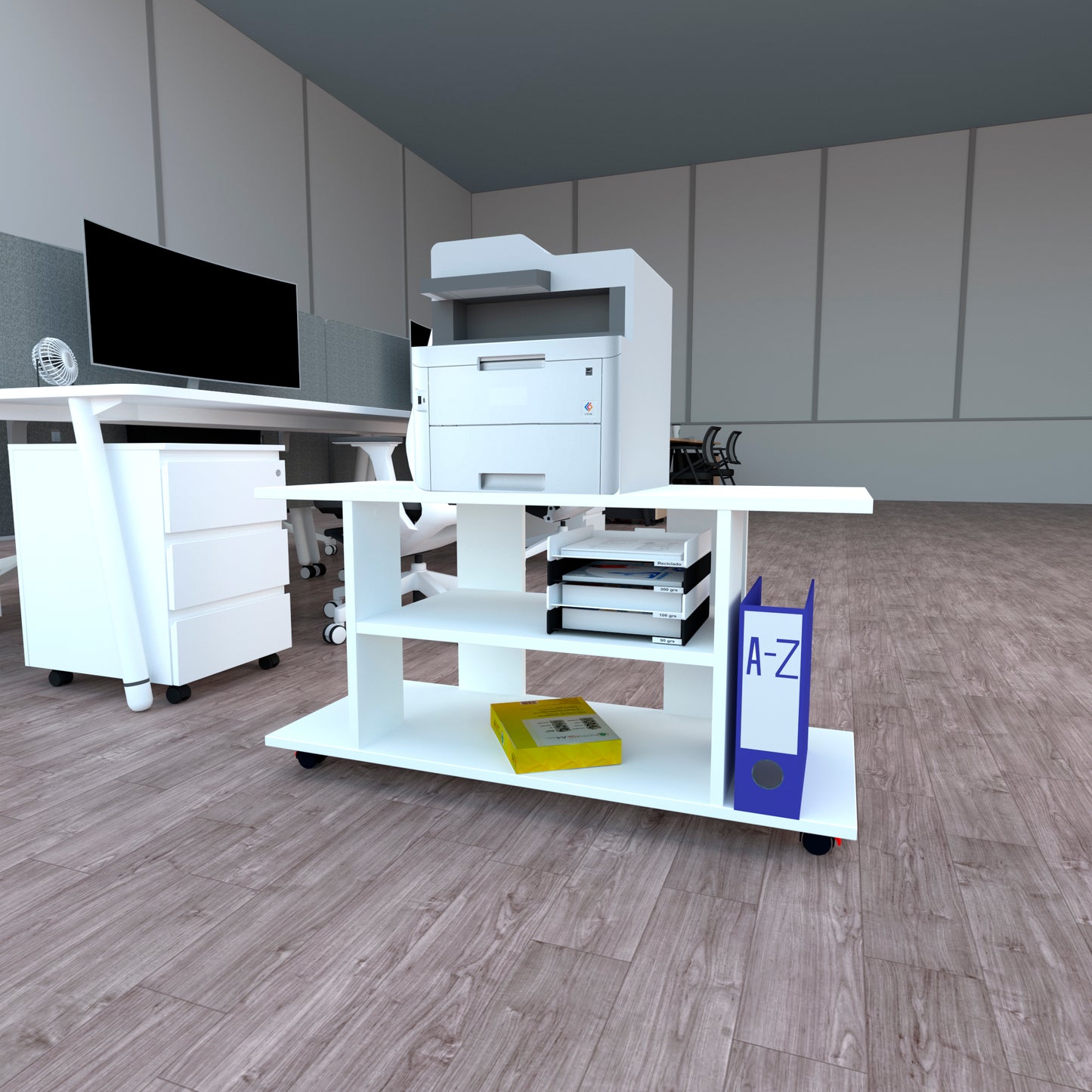 Mesa con Ruedas Giro 360º con freno. Mod. Pilar. 80-90-100-110 Cm. Altura 65.5 Cm. Blanco/grafito - Henor Mobiliario