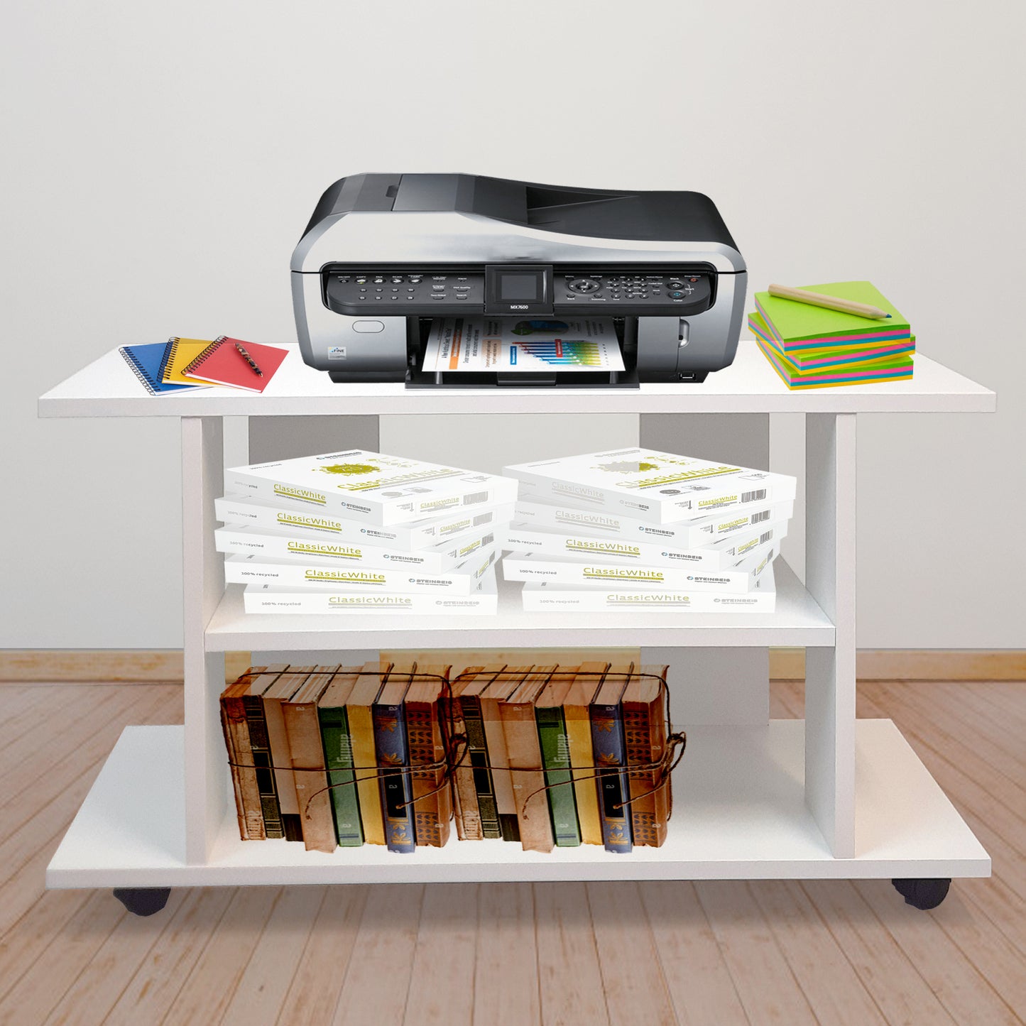 Mesa con Ruedas Giro 360º con freno. Mod. Pilar. 80-90-100-110 Cm. Altura 65.5 Cm. Blanco/grafito - Henor Mobiliario