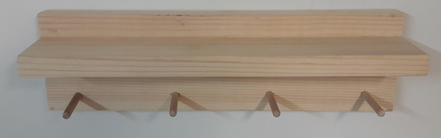 Perchero pared con estante Pino natural 40/100 x 11.5 x 9 cm de 4 a 9 colgadores. - Henor Mobiliario