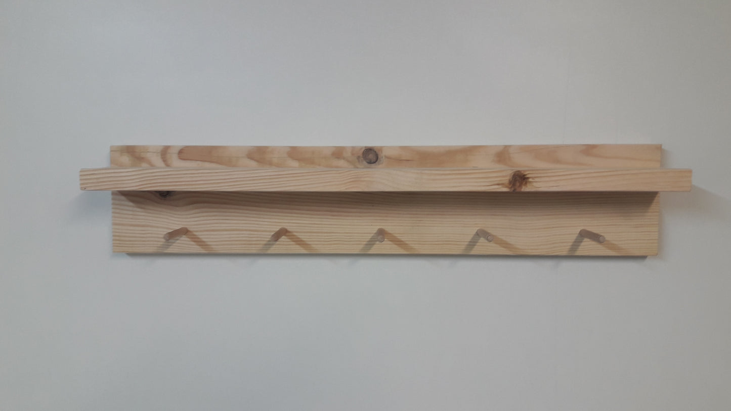 Perchero pared con estante Pino natural 40/100 x 11.5 x 9 cm de 4 a 9 colgadores. - Henor Mobiliario